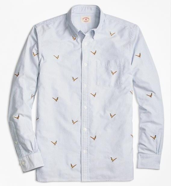Pheasant-Embroidered Striped Oxford Sport Shirt